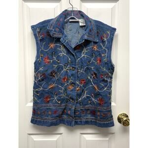 Units Embroidered Denim Vest Floral Button Front Boho Cottagecore Women’s S